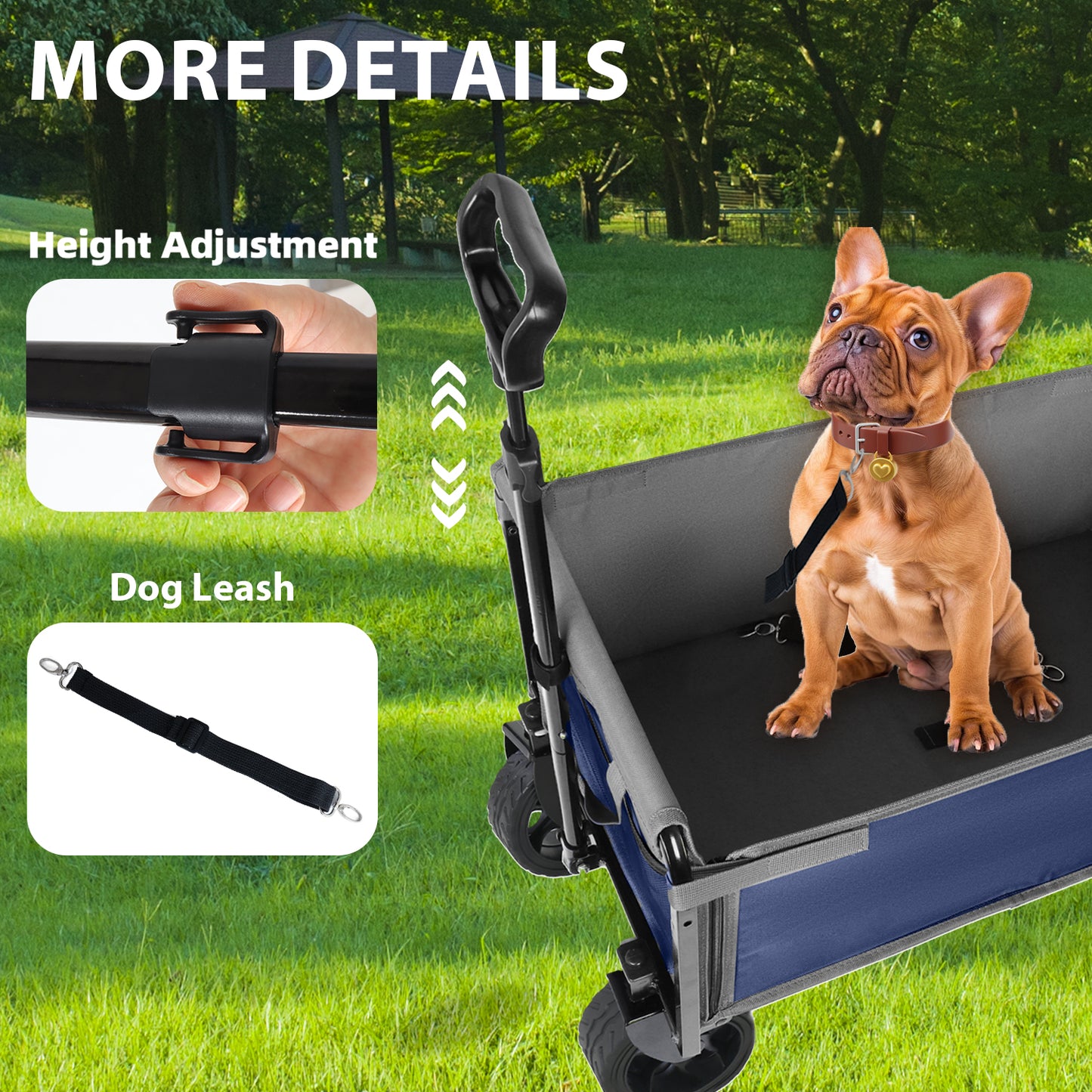 Upgraded 5*2" Wide Wheels, All-in-One Convertible Folding Trolley with Full-Side Opening & Dog Leash, Versatile Seating & Storage, 220Lbs Capacity for Camping, Beach, Shopping, Dark blue image 4