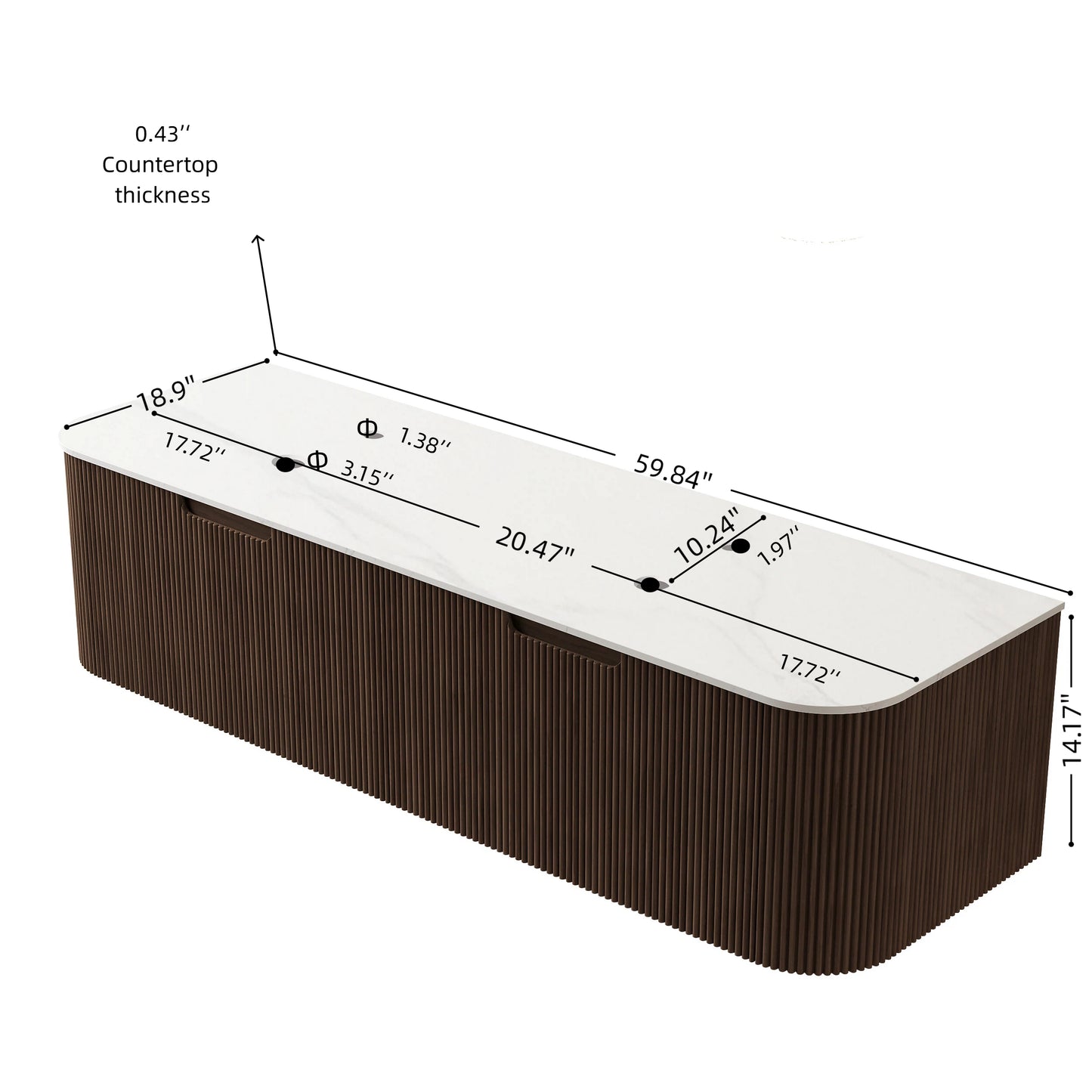DINA 60'' Wall Mounted Plywood Cabinet with Carrara White Sintered Stone Countertop, Two Drawers, NO Basin, NO Faucet and Drain, Dark Walnut Woodgrain Color image 6