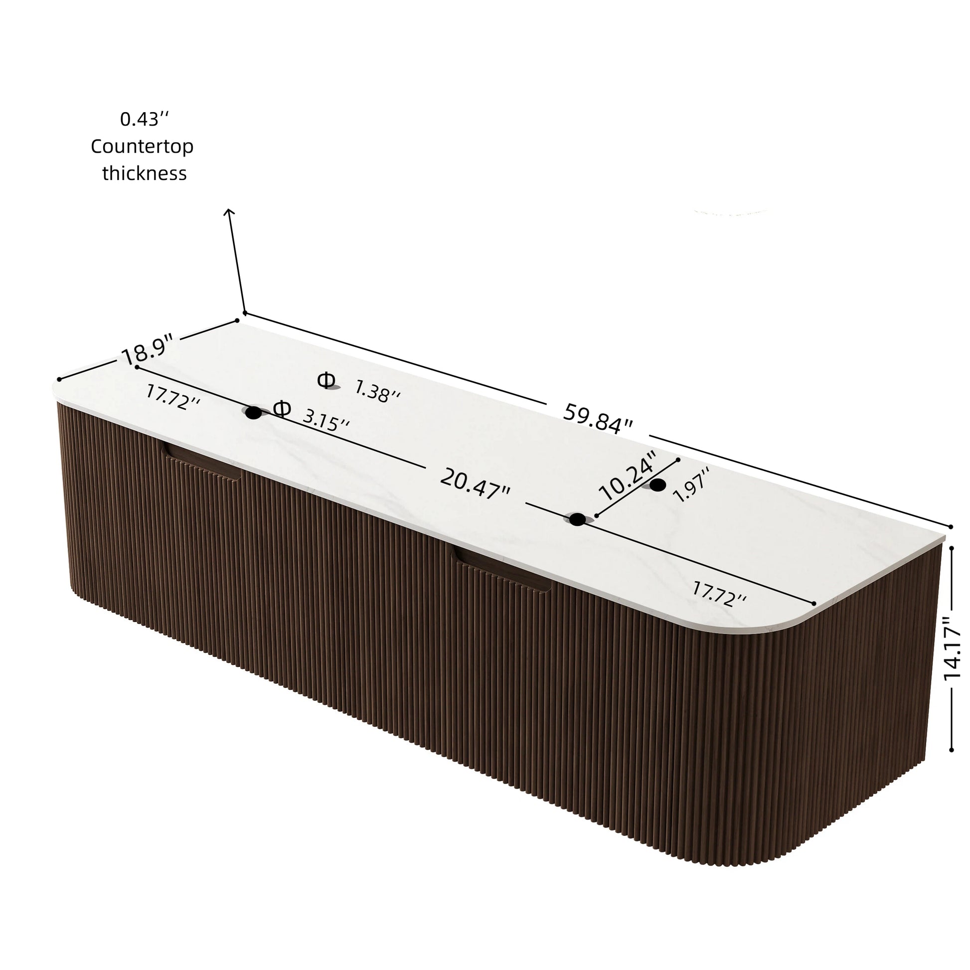 DINA 60'' Wall Mounted Plywood Cabinet with Carrara White Sintered Stone Countertop, Two Drawers, NO Basin, NO Faucet and Drain, Dark Walnut Woodgrain Color image 6