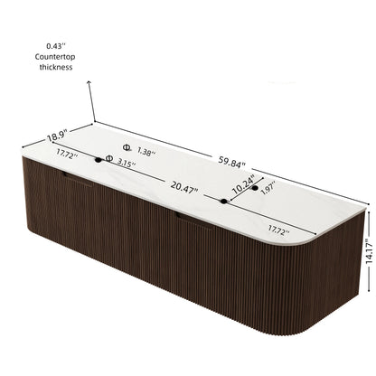 DINA 60'' Wall Mounted Plywood Cabinet with Carrara White Sintered Stone Countertop, Two Drawers, NO Basin, NO Faucet and Drain, Dark Walnut Woodgrain Color image 6