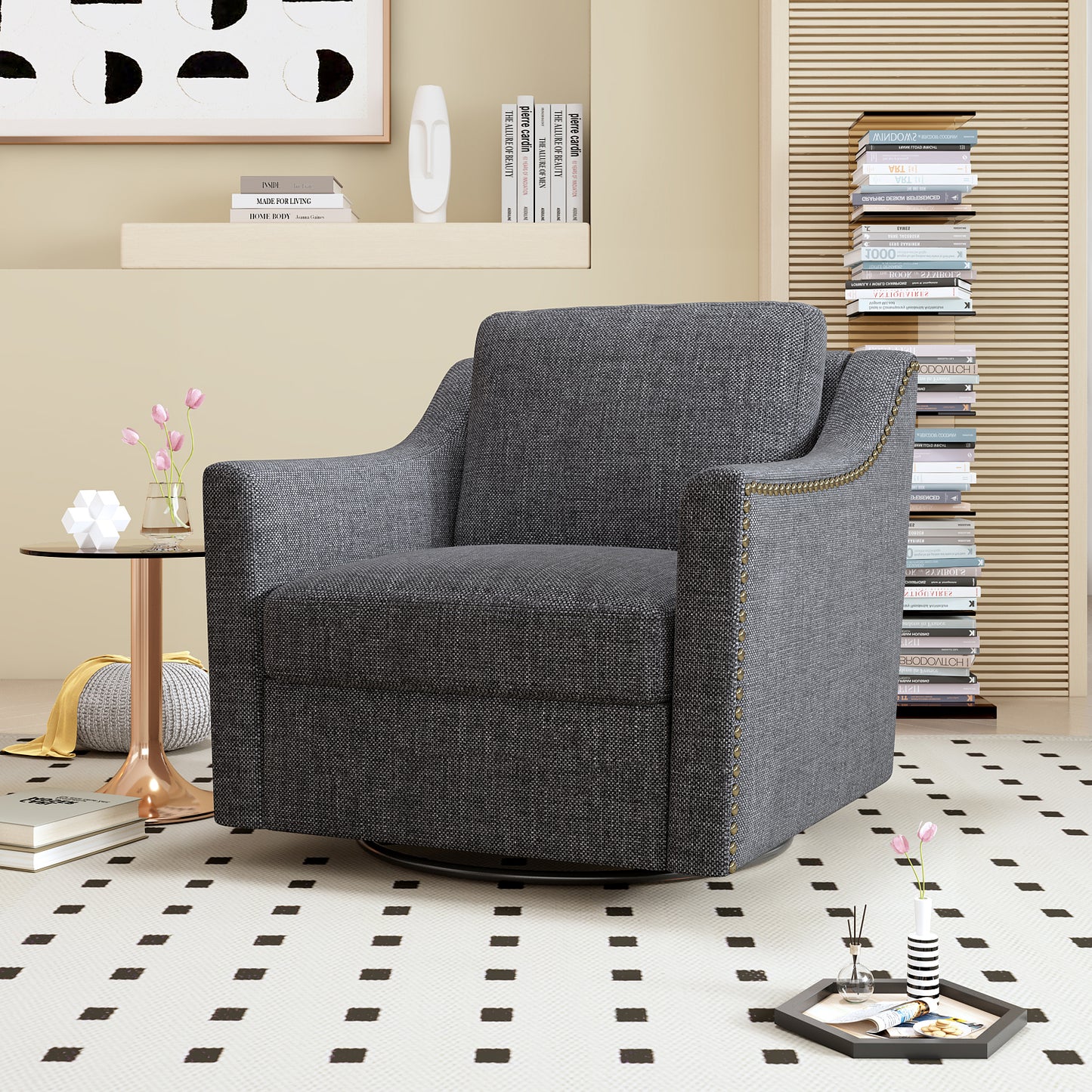 360 Degree Swivel Armchair Cotton linen skin-friendly fabric Ergonomic design Brass nail decorative armchair Living room chairs Bedroom chairs Living room chairs Black legs Suitable for indoor homes image 2