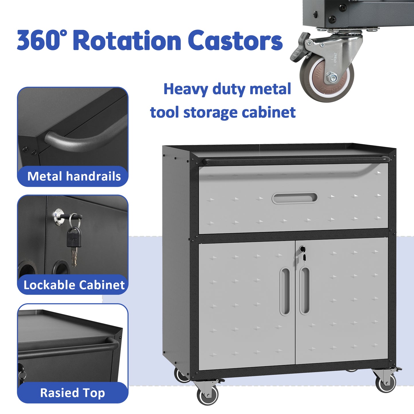 Sturdy and Durable Metal Tool Cabinet for Garage with Wheels - Mobile Heavy-Duty Storage Cabinet with 1 Drawer and 2 Locking Doors, Rolling Tool Storage Cabinet, Black and Gray image 11