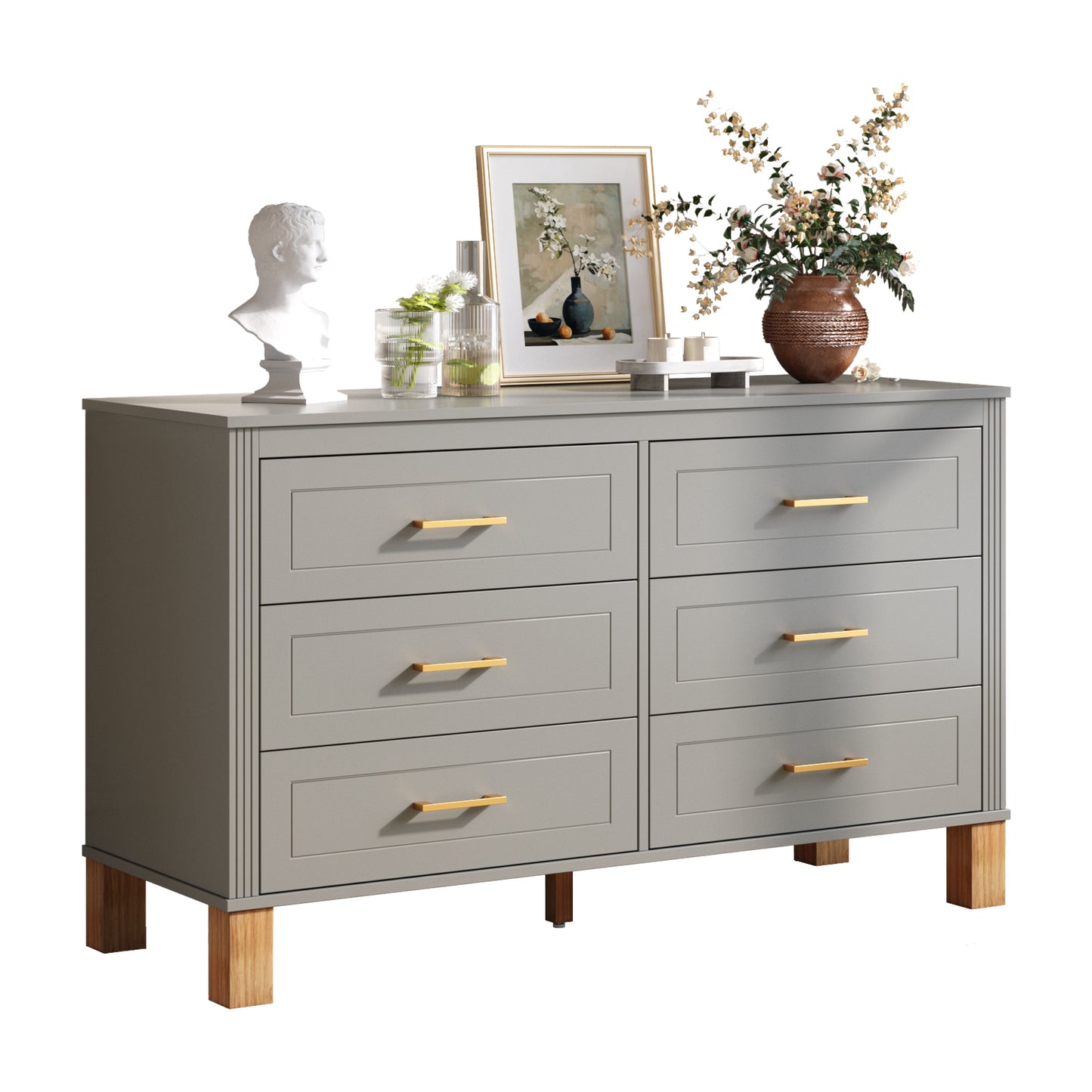 6-Drawer Double Dresser in Gray, Modern Storage Cabinet with Metal Handles & Solid Wood Legs, Dresser Drawer Organizer for Kids Bedroom, Heavy-Duty Wooden Dresser with Pre-Installed image 3