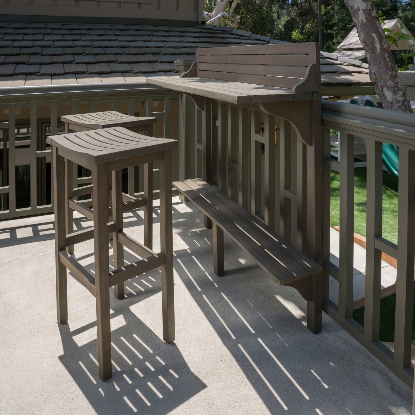 3-Piece Balcony Bar Set with Bottom Shelf Table and 2 Stools, Grey Finish image 5
