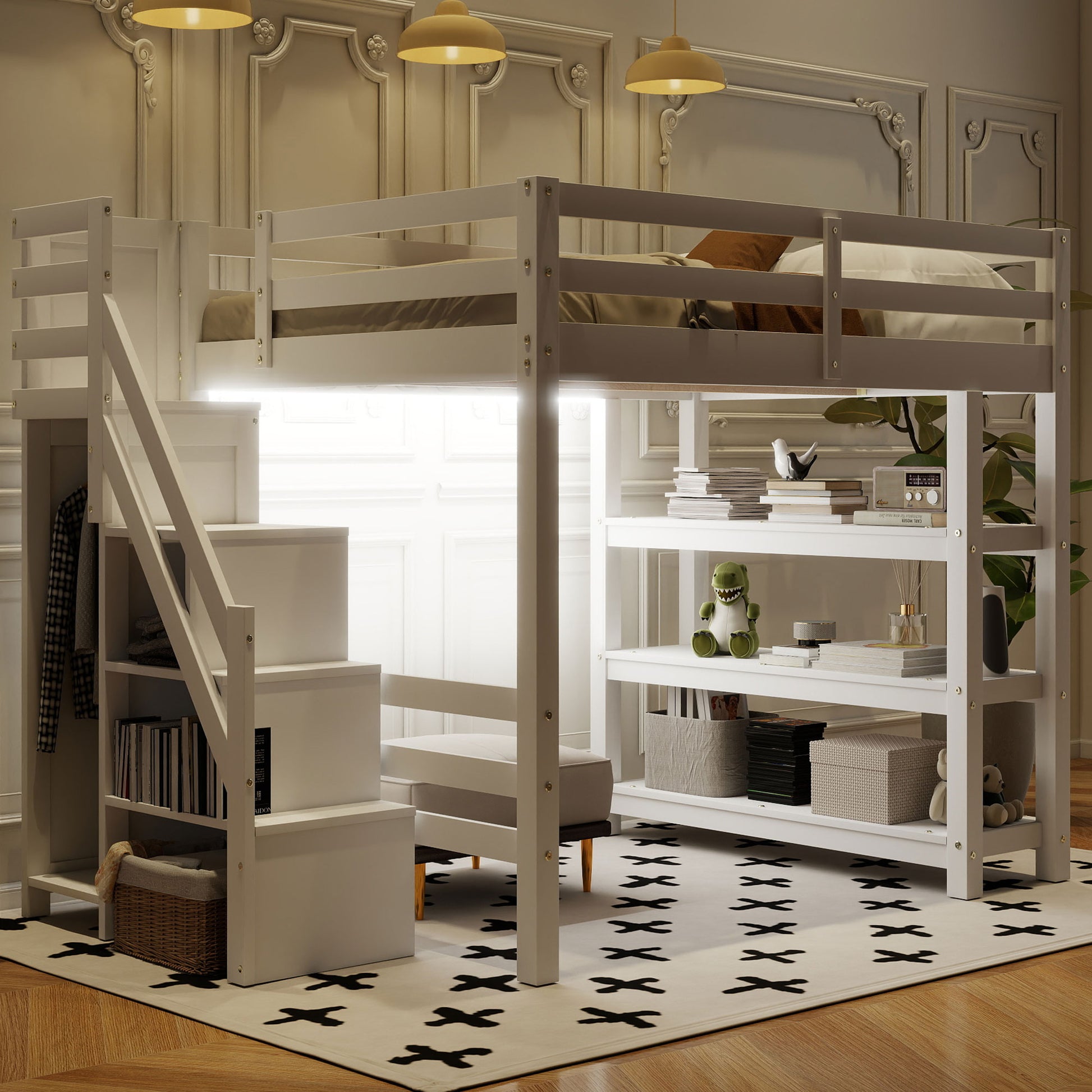 Full Size Loft Bed with Shelves, Storage Staircase, Small Wardrobe and White LED Light, White(Old SKU:N7090000472K) image 1