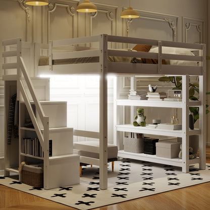 Full Size Loft Bed with Shelves, Storage Staircase, Small Wardrobe and White LED Light, White(Old SKU:N7090000472K) image 1