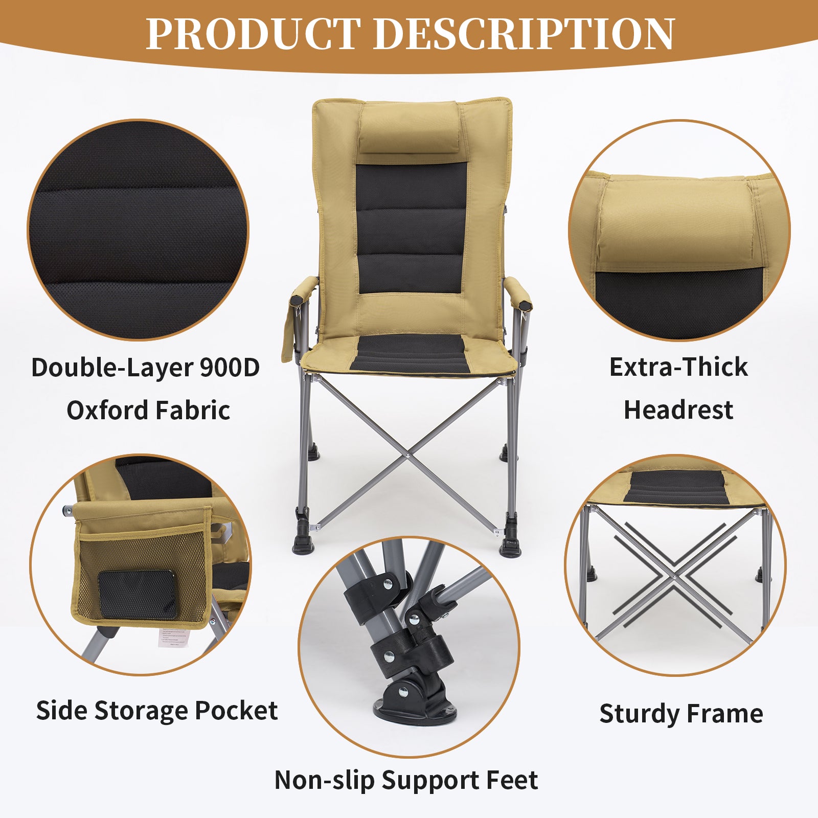 5-Position Adjustable Reclining Camping Chair, Side Pocket & Carry Bag, Heavy Duty, Portable Outdoor Chair for Beach, Camping, Patio,khaki image 8