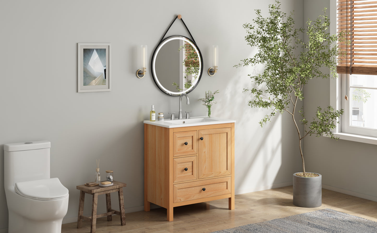 [Video] 30" Wood Grain Bathroom Vanity with Ceramic Sink, Solid Wood Legs, Adjustable Shelf & Full Soft-Close Drawers & Door, Storage Rack, Open Back Design image 3