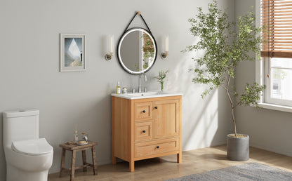 [Video] 30" Wood Grain Bathroom Vanity with Ceramic Sink, Solid Wood Legs, Adjustable Shelf & Full Soft-Close Drawers & Door, Storage Rack, Open Back Design image 3