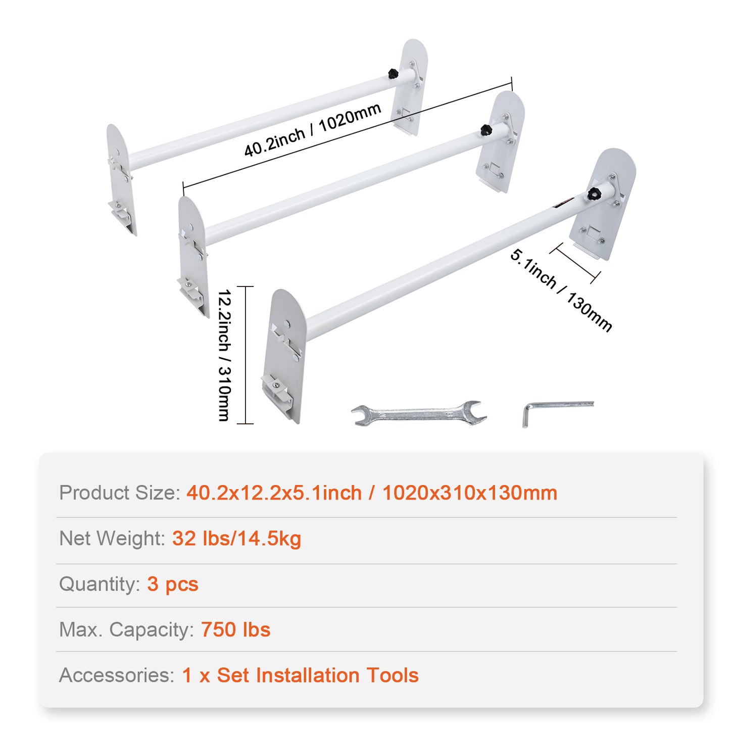Van Roof Ladder Rack, 3 Bars Alloy Steel Roof Racks, 750 LBS Capacity Rain-Gutter Roof Rack, Adjustable Length 40.2" to 74.8", Van Ladder Rack Compatible with Chevrolet Express, GMC Savana, etc image 3