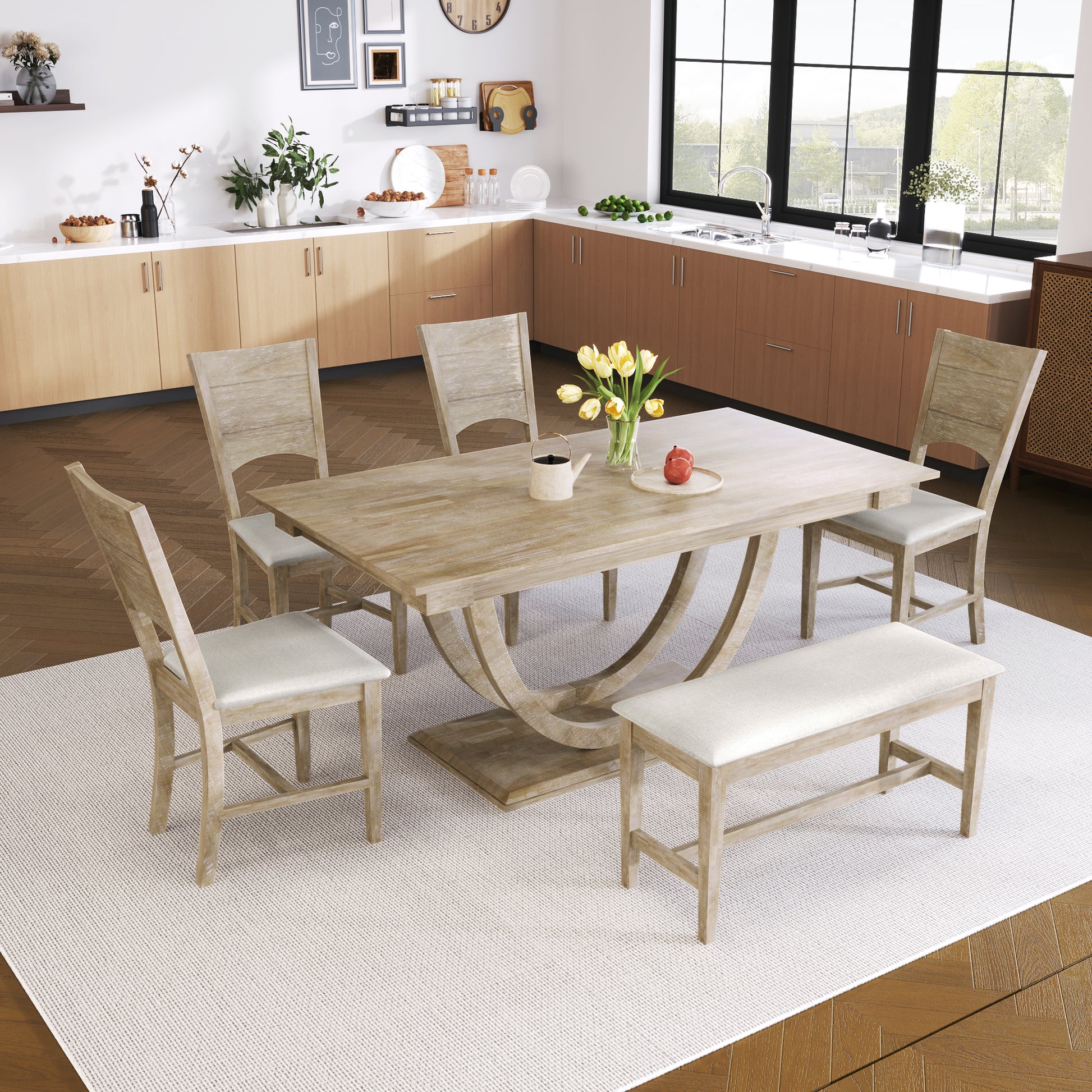 TOPMAX 6-Piece Wood Half Round Dining Table Set Kitchen Table Set with Long Bench and 4 Dining Chairs, Modern Style, Seadrift image 1
