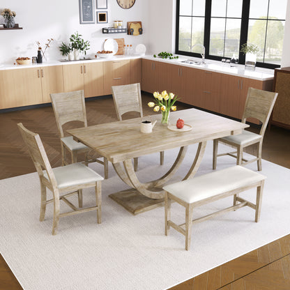 TOPMAX 6-Piece Wood Half Round Dining Table Set Kitchen Table Set with Long Bench and 4 Dining Chairs, Modern Style, Seadrift image 1