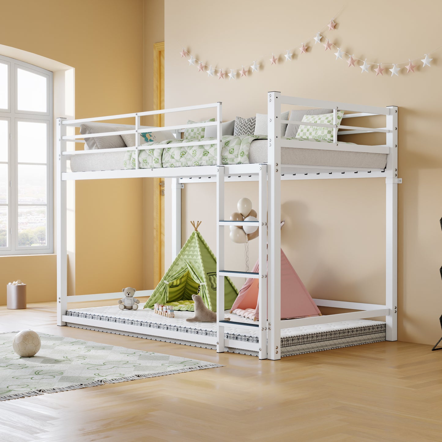 Bunk Bed with Ladder and high Guardrail Metal Bunk Bed, Storage Space, Noise Free,Twin Over Twin Size,WHITE image 3