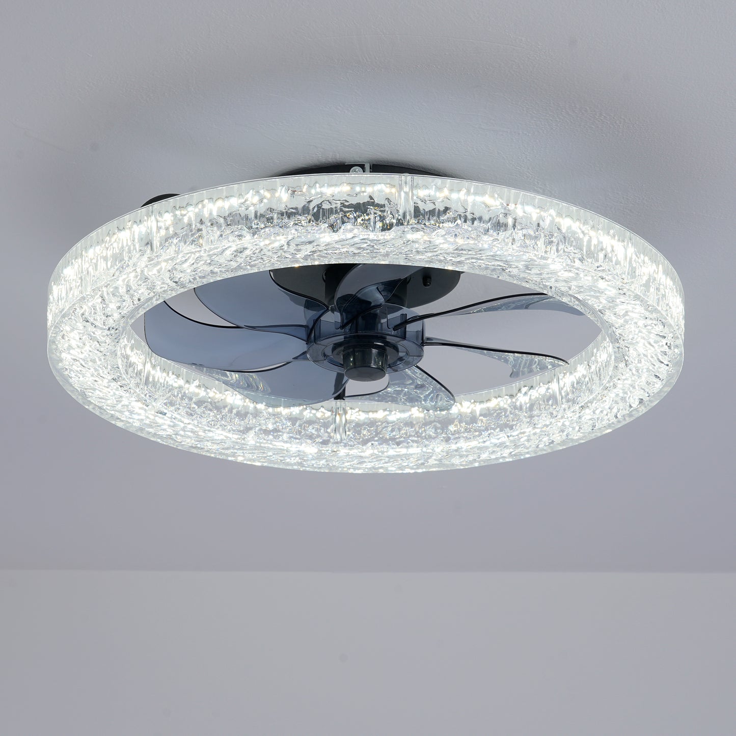 Acrylic Ice Brick Fan Light,LED Light Source and Remote Control, 3000-6500K Dimmable Modern Flush Mount LED Fan Light, 6 Speeds, Quiet DC Motor For Living room, Bedroom,Kitchen----Matte Black image 2