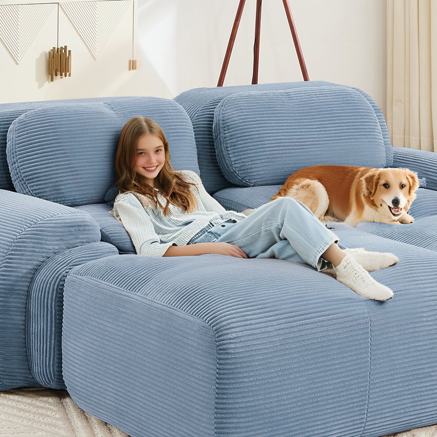 L-shaped modular sofa no assembly ergonomic design pet-friendly luxuryCorduroy Fabric fabric extra-wide curved armrests 32D high-resilience sponge for living rooms bedroom,Blue image 8