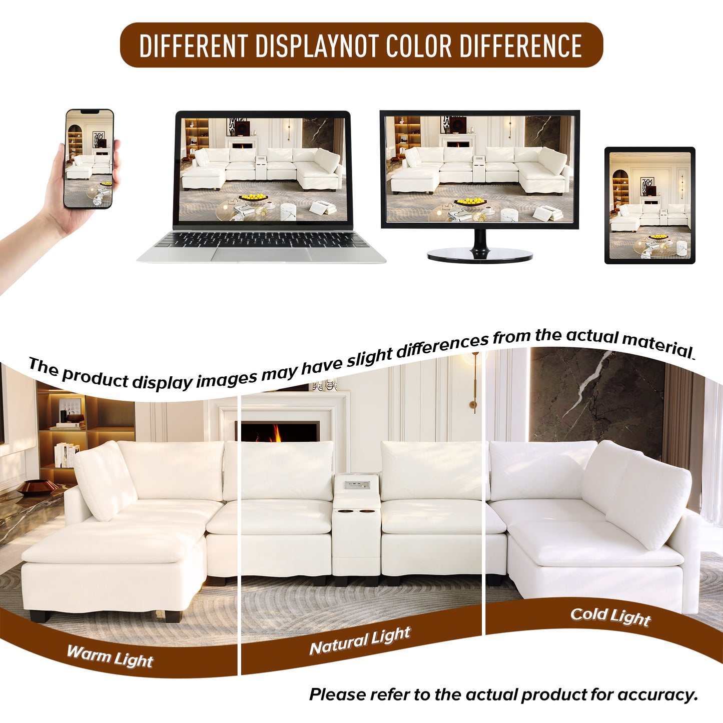121.2" Modular U-Shaped Cloud Sectional Sofa with Movable Ottoman, Chenille Convertible Sofa Bed with Hidden Storage&USB Ports&Cup Holders&Bluetooth Speaker for Living Room, Apartments, Beige/White image 10