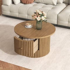 Round Coffee Table for Living Room in Natural, Farmhouse Coffee Table with a Drawer,  Center Table with Vertical Slat Base in 30.5"