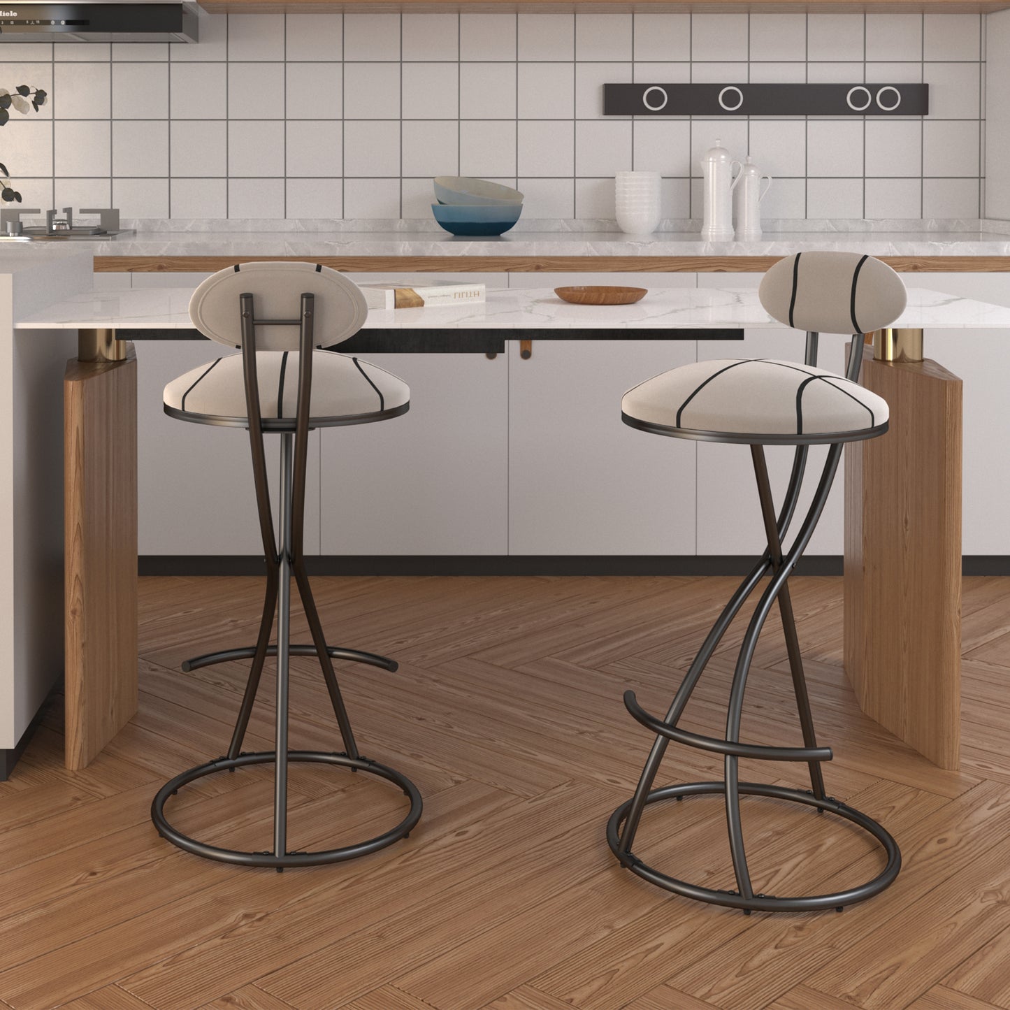Upholstered Bar Stools Set of 2 Striped Counter Height Barstools Modern Velvet Dining Chairs for Kitchen Island, Living Room (Black & Stripe) image 2