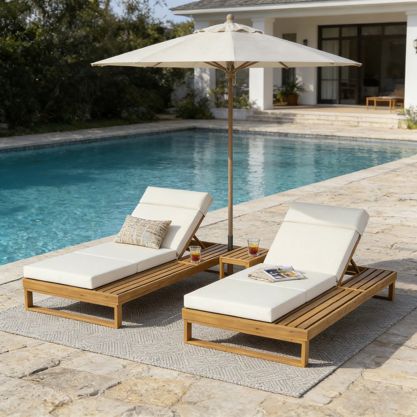 Teak Finish Acacia Wood Chaise Lounge with 4-Inch Beige 4-Fold Cushion Set, Adjustable Outdoor Patio Lounger with Flat Side Surface, for Poolside- Matching cream,dark gray version available image 8