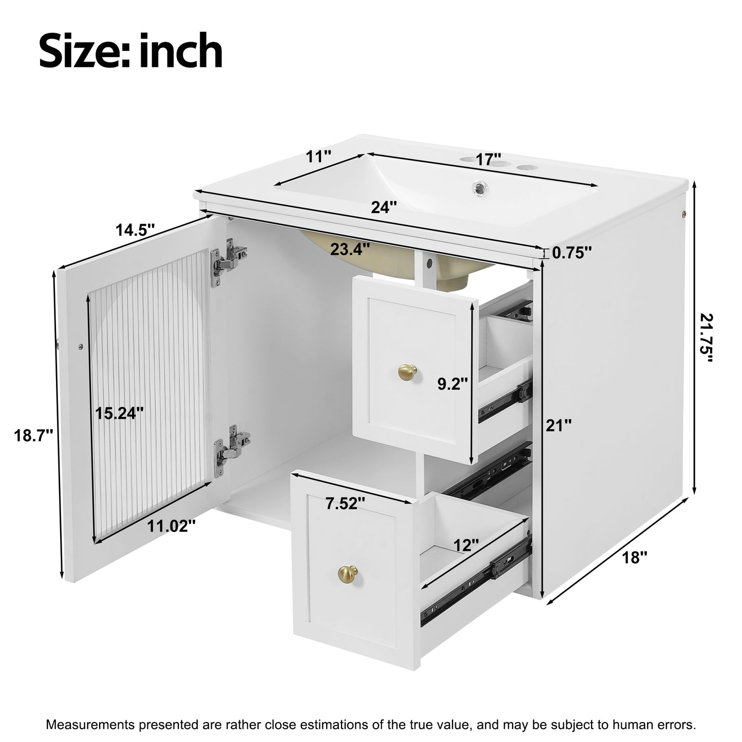 24" Bathroom Vanity Set Wall Mounted for Small Space, Bathroom Cabinet with Ceramic Sink, 2 Drawers and 1 Soft-Close Door image 8
