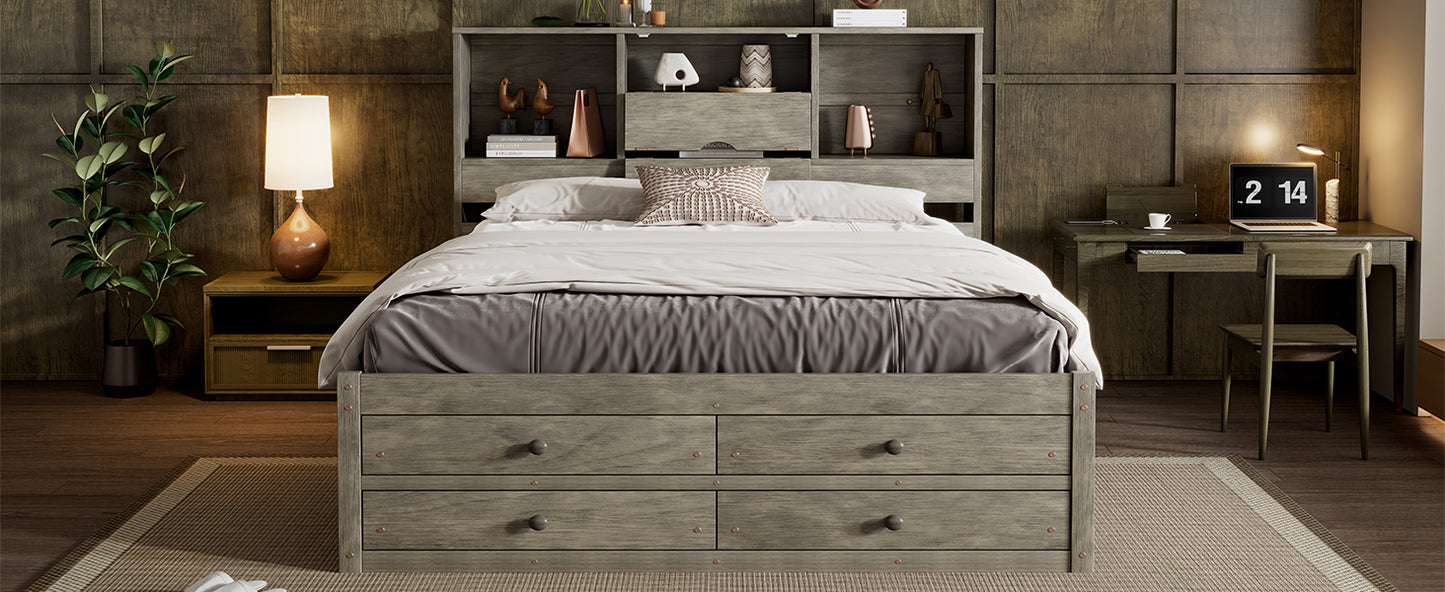 Queen Size Platform Bed with Storage Headboard and 8 Drawers, Gray image 10
