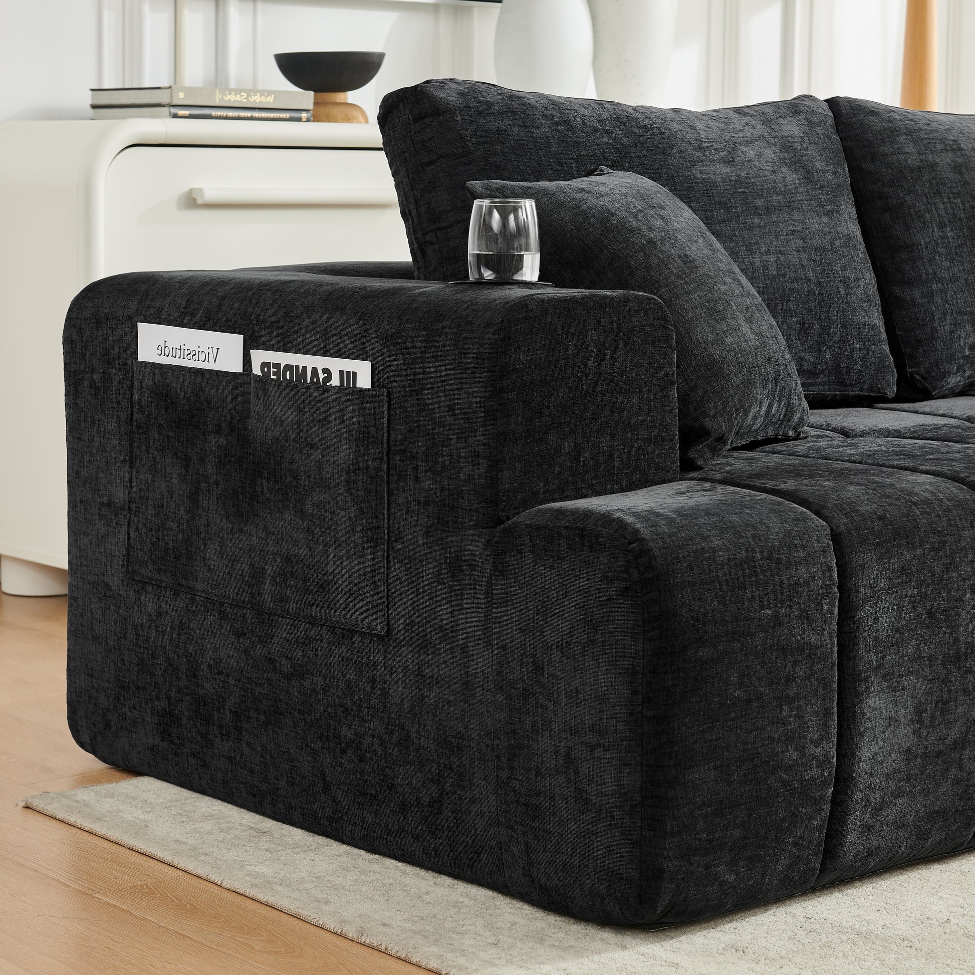 108" L-Shaped Chenille Sectional Sofa, Cloud Style Boneless Sofa with Chaise, Modern Upholstered Couch with Cup Holders & Side Pockets, Compression Sofa for Living Room, No Assembly Required, Black image 7