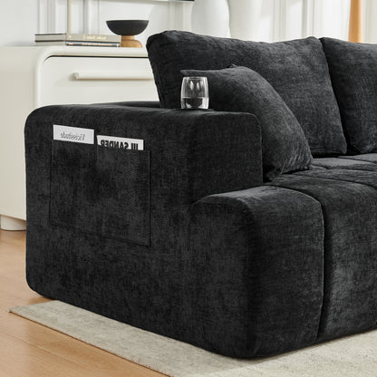 108" L-Shaped Chenille Sectional Sofa, Cloud Style Boneless Sofa with Chaise, Modern Upholstered Couch with Cup Holders & Side Pockets, Compression Sofa for Living Room, No Assembly Required, Black image 7