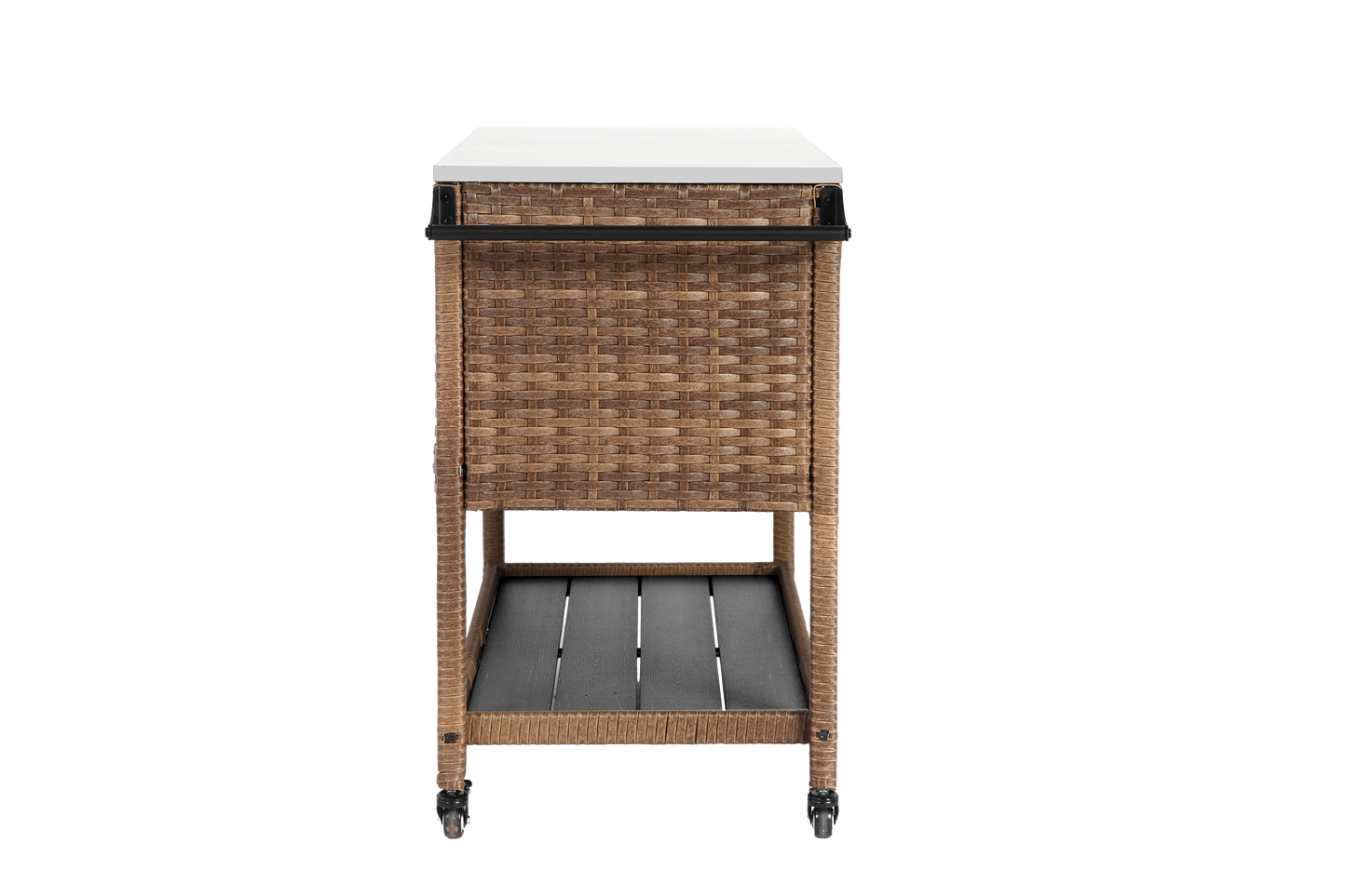 Outdoor Wicker Bar Cart, Patio Wine Serving Cart w/Wheels, Rolling Rattan Beverage Bar Counter Table with stainless steel Top for Porch Backyard Garden Poolside Party, Brown image 6