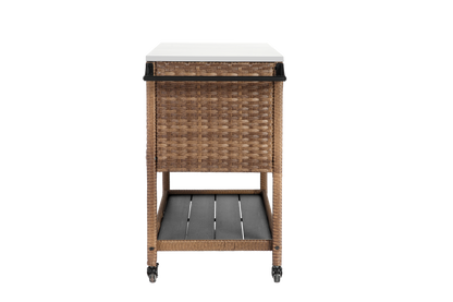 Outdoor Wicker Bar Cart, Patio Wine Serving Cart w/Wheels, Rolling Rattan Beverage Bar Counter Table with stainless steel Top for Porch Backyard Garden Poolside Party, Brown image 6