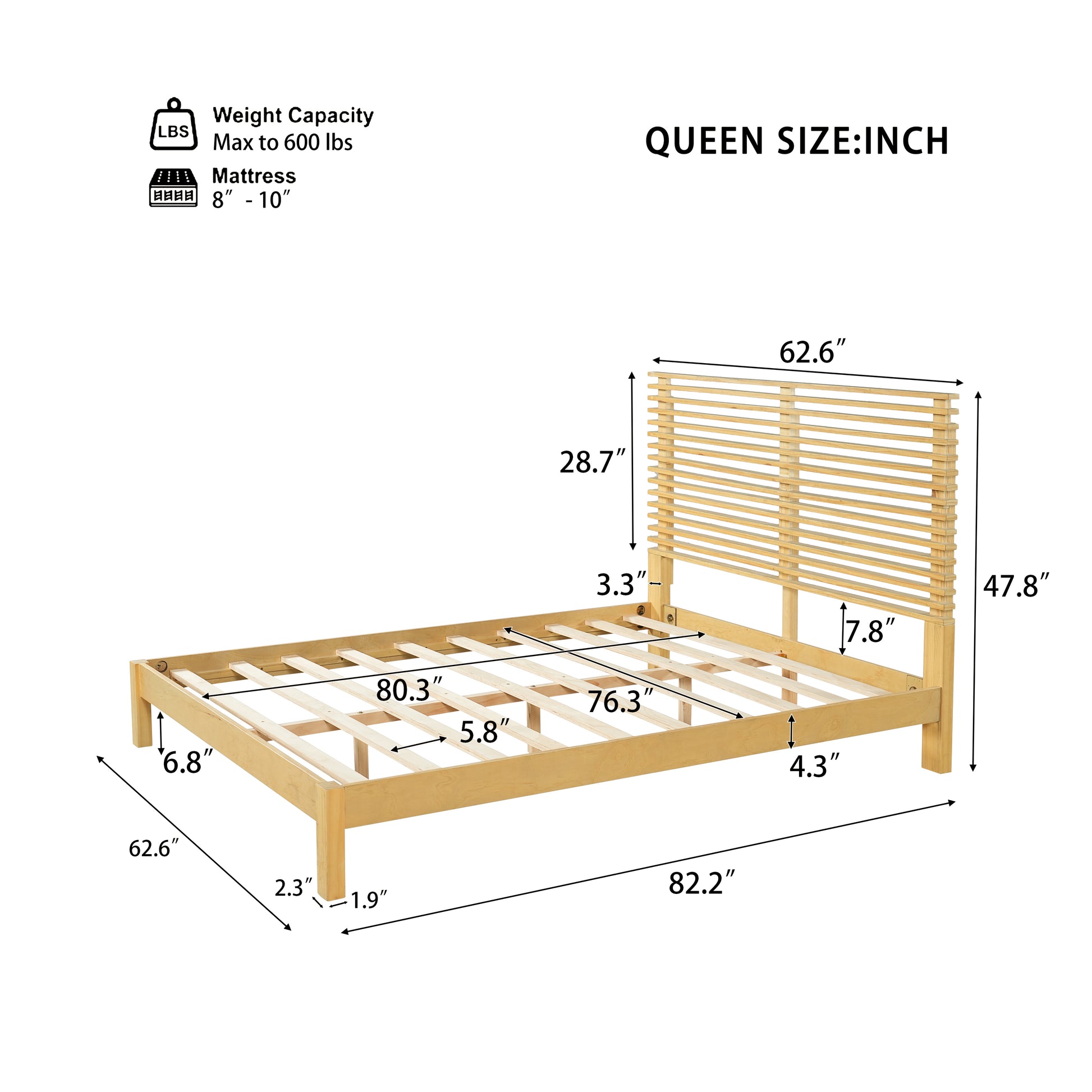 Premium Solid Wood Queen Size Platform Bed Frame with Horizontal Slat Headboard, Modern Natural Wood Bedroom Furniture, 600 lbs Weight Capacity,No Box Spring Needed, Fits All Mattresses image 2