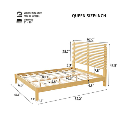 Premium Solid Wood Queen Size Platform Bed Frame with Horizontal Slat Headboard, Modern Natural Wood Bedroom Furniture, 600 lbs Weight Capacity,No Box Spring Needed, Fits All Mattresses image 2