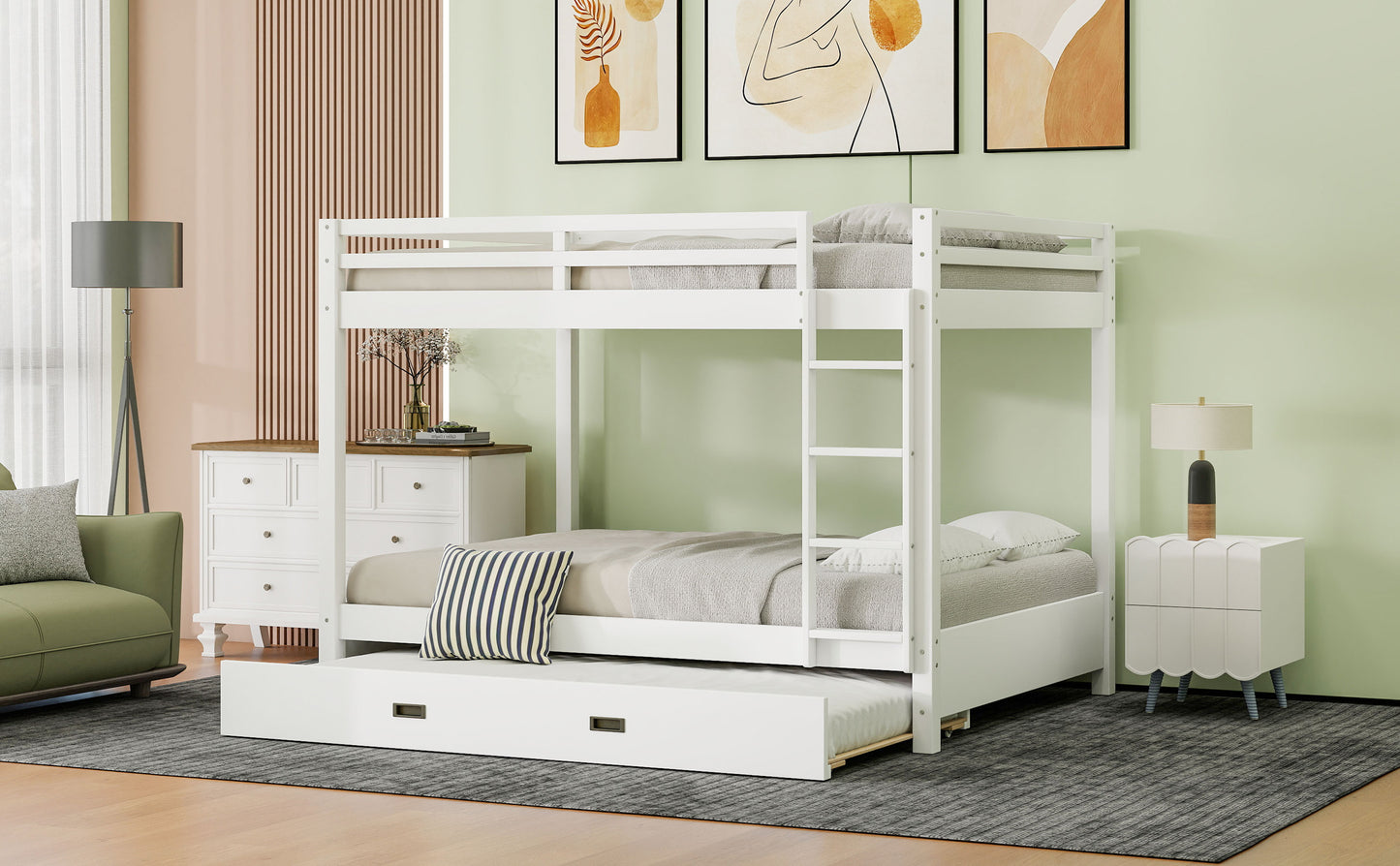 Wood Queen Size Bunk Bed with Ladder and Trundle, White image 5