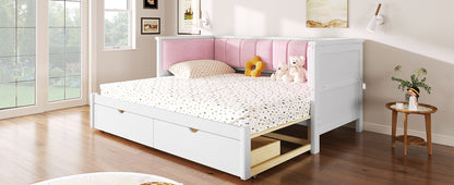 Twin XL to King Size Daybed with Two Storage Drawers and Upholstered Backrest, White+Pink image 8
