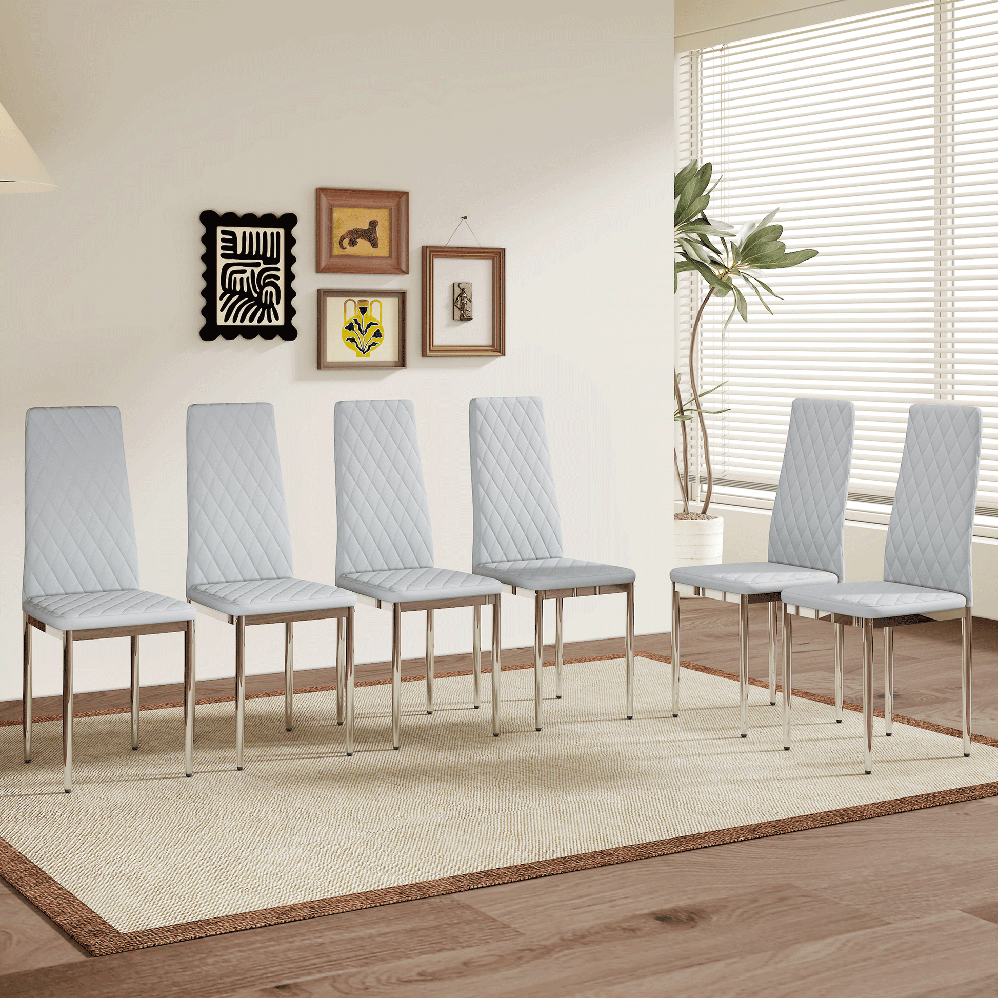 Modern Style Dining Chairs Set of 6 in Light Gray, Essential for Minimalist Homes.Meeting Family Dining Needs,PU Material Seat,Silver Metal Legs,Blending into Various Home Environments.W1151107277 image 1