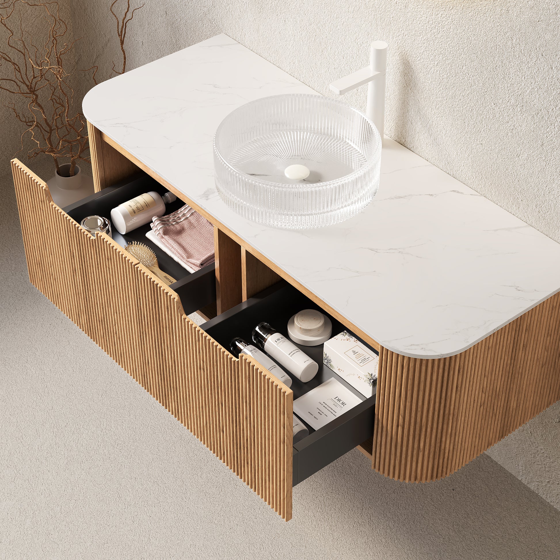 DINA 48" Bathroom Vanity&Sink, Floating Curved Edges Striped Storage Cabinet with 2 Drawers, Transparent Round Glass Basin&Carrara White Sintered Stone Top, Pre-assembled, Natural Woodgrain Color image 2