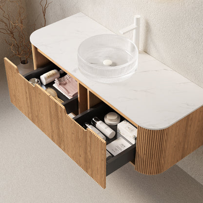 DINA 48" Bathroom Vanity&Sink, Floating Curved Edges Striped Storage Cabinet with 2 Drawers, Transparent Round Glass Basin&Carrara White Sintered Stone Top, Pre-assembled, Natural Woodgrain Color image 2