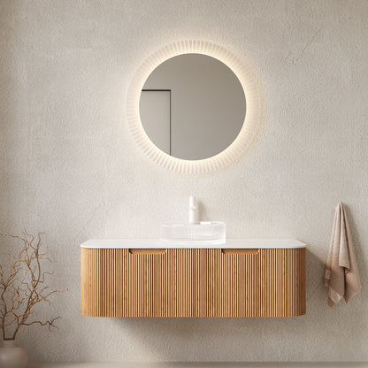 DINA 48" Bathroom Vanity&Sink, Floating Curved Edges Striped Storage Cabinet with 2 Drawers, Transparent Round Glass Basin&Carrara White Sintered Stone Top, Pre-assembled, Natural Woodgrain Color image 1