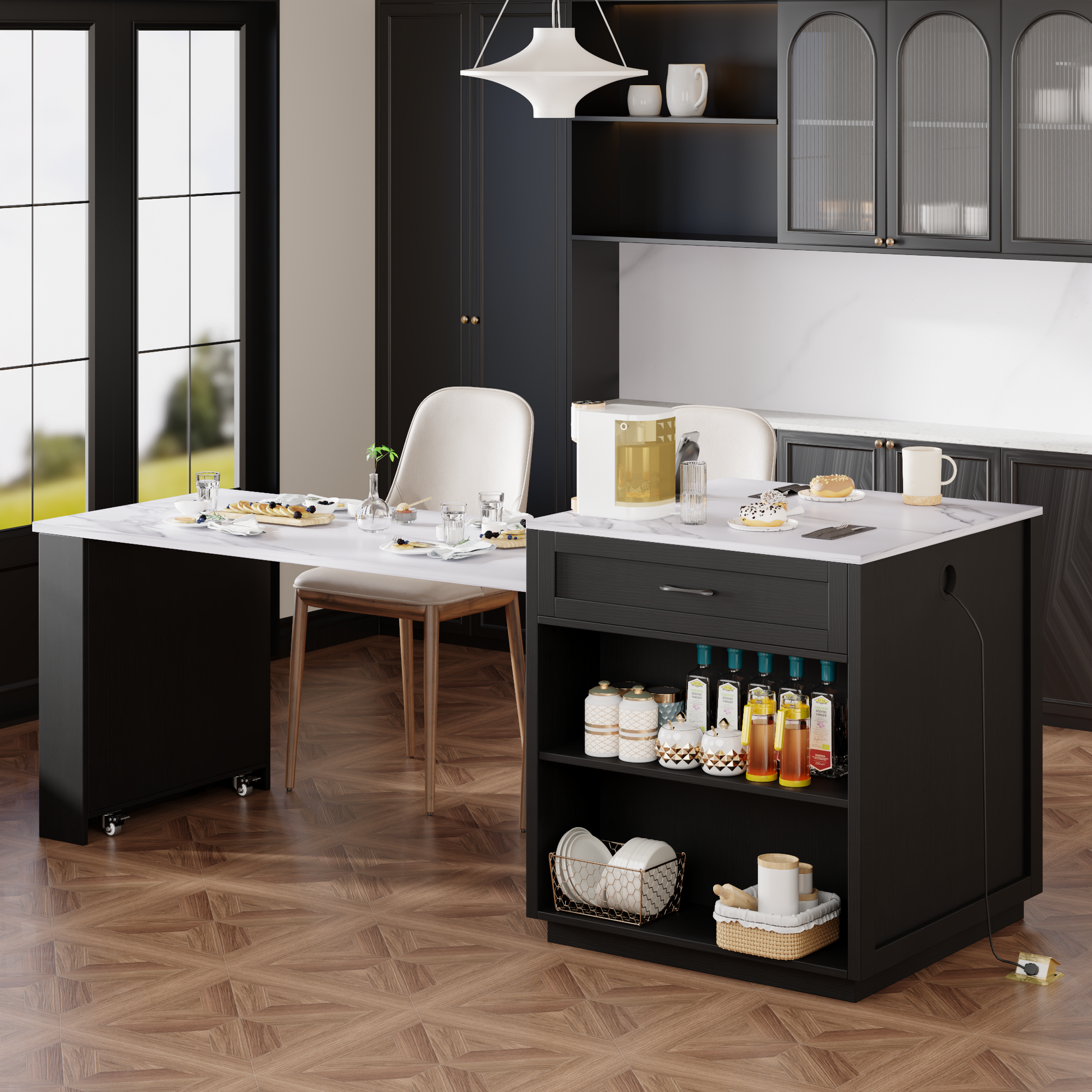 K&K 82.7 inch Kitchen Island with Extendable Dining Table for 4-6 Person,Faux Mable Kitchen Table with Double-sized Storage,Power Outlet,Kitchen island with Storage 2 Drawers 2 Side Open Shelves,Black image 11