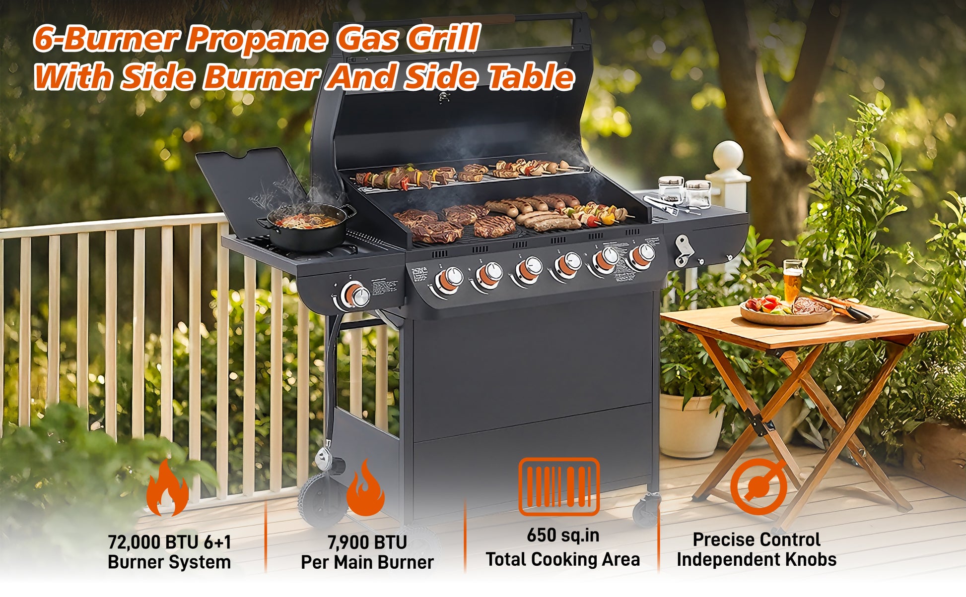 6 Burner BBQ Propane Gas Grill with Side Burner 72000 BTU Output Stainless Steel Barbecue Grill with Cast Iron Grates and Side Tables for Outdoor Cooking Kitchen and Patio Backyard. image 6