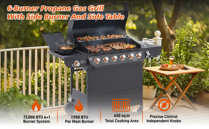6 Burner BBQ Propane Gas Grill with Side Burner 72000 BTU Output Stainless Steel Barbecue Grill with Cast Iron Grates and Side Tables for Outdoor Cooking Kitchen and Patio Backyard. image 6