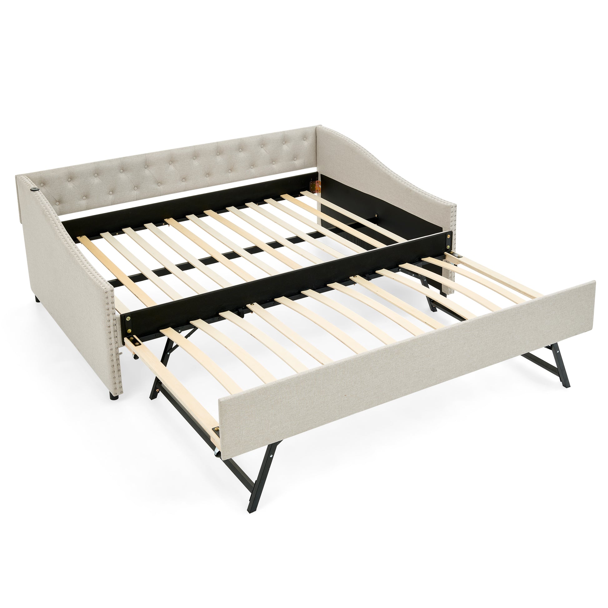 Full Size Daybed with USB Charging & Twin Size Pull-out Extendable Bed, with Button on Back and Copper Nail on Waved Shape Arms image 7