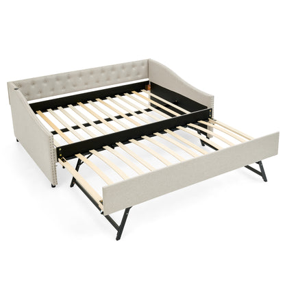 Full Size Daybed with USB Charging & Twin Size Pull-out Extendable Bed, with Button on Back and Copper Nail on Waved Shape Arms image 7