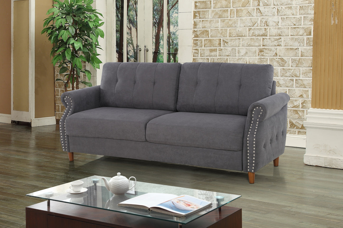 Transitional Button Tufted Loveseat Sofa, Rolled Arm with Nailhead Trim Polyester Fabric 3-Seater Couch, Solid Pine Frame Round Rubber Legs for Living Room, Multi Colors Option image 4