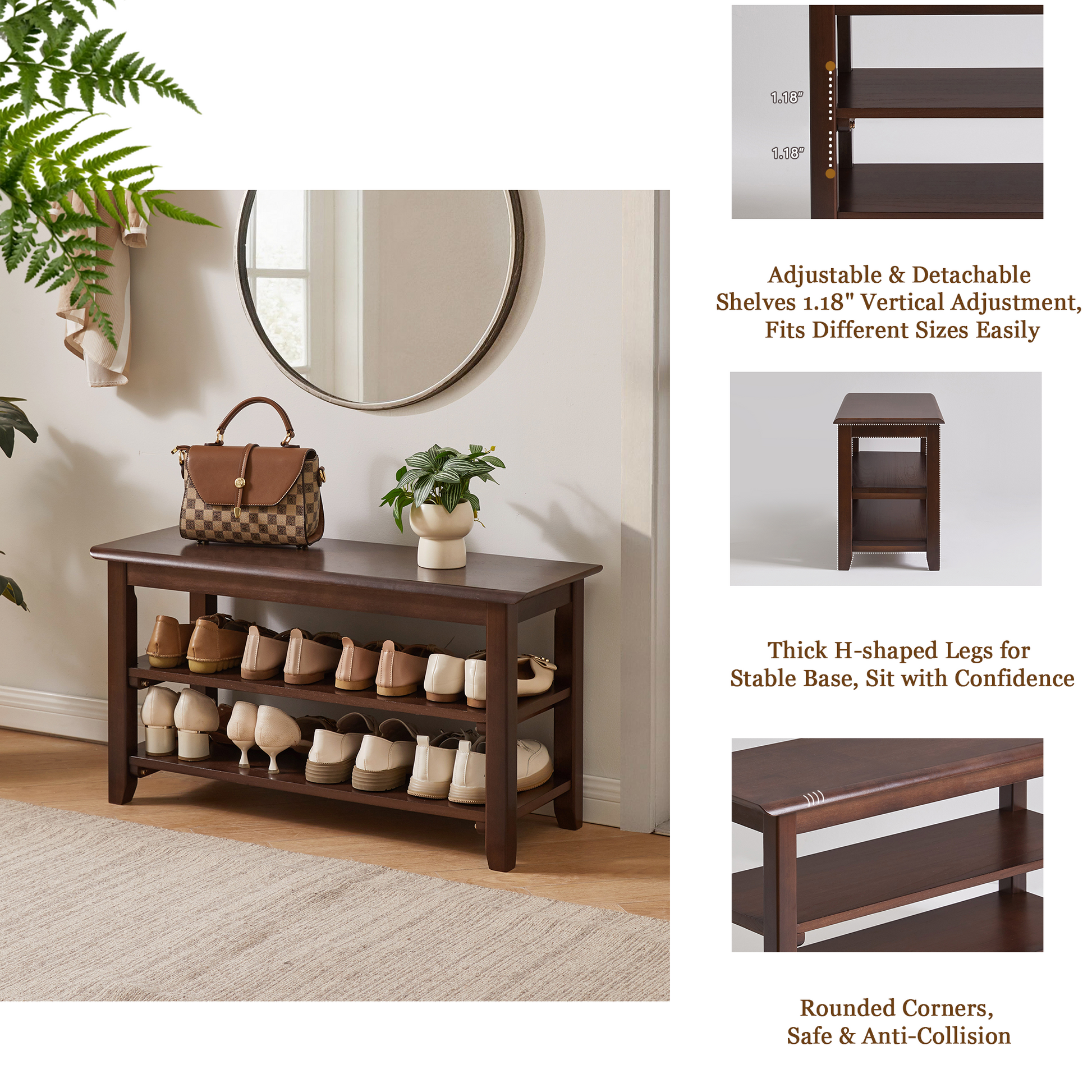 2-Tier Solid Wood Shoe Bench, Entryway Shoe Rack with Storage Shelves, Hallway Seat Bench for Shoes image 5