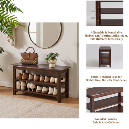 2-Tier Solid Wood Shoe Bench, Entryway Shoe Rack with Storage Shelves, Hallway Seat Bench for Shoes image 5