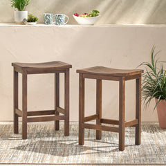 Outdoor Acacia Wood Counter Height Barstool, Set of 2, Mahogany Brown Finish