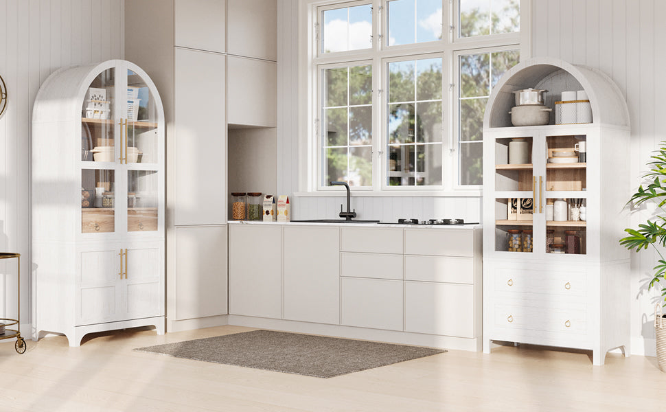 K&K 71" Tall Arched Kitchen Pantry Cabinet with Door Shelves, Farmhouse Kitchen Storage Cabinet with Open & Adjustable Shelves, Hidden Drawer & Glass Door, Cupboard for Kitchen, Dining Room, White image 5