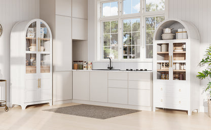 K&K 71" Tall Arched Kitchen Pantry Cabinet with Door Shelves, Farmhouse Kitchen Storage Cabinet with Open & Adjustable Shelves, Hidden Drawer & Glass Door, Cupboard for Kitchen, Dining Room, White image 5