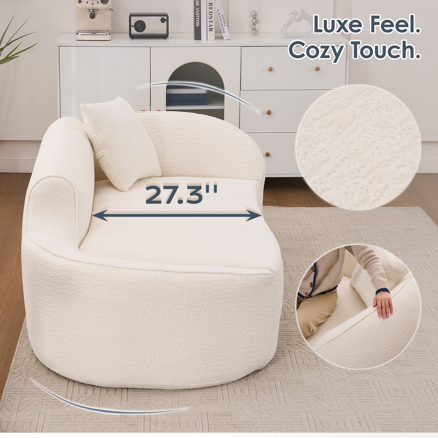 LY-048 Compression Curved Chaise Longue Chair Indoor, Modern Chenille Loveseat Couch with Deep Seat Sofa Bed with 1 Pillow, Sleeper Sofa Couch for Living Room, Bedroom, Apartment image 5