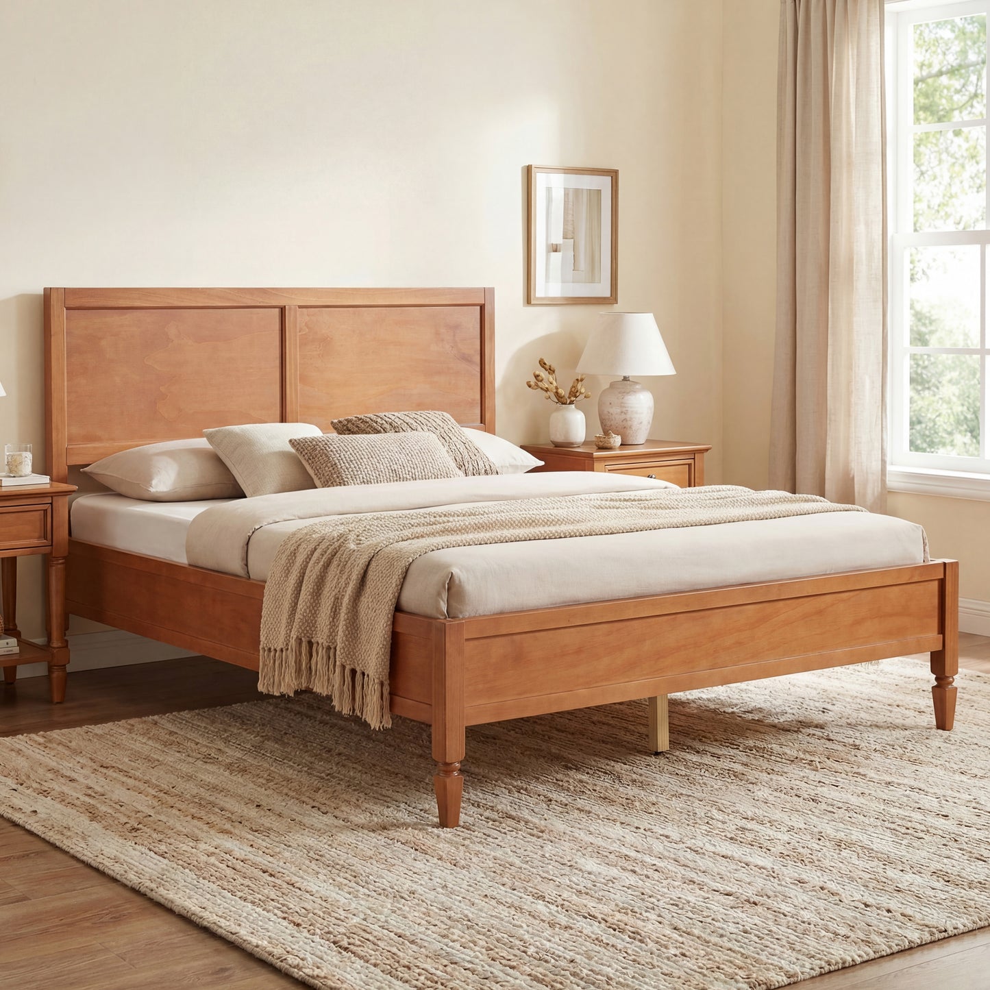 Queen Size Wood Platform Bed Frame with Classic Panel Headboard, Wooden Slats Support, No Box Spring Needed, Easy Assembly, Brown image 1